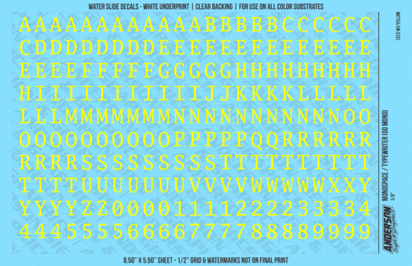 1323-WS-Yellow.png ASG Waterslide Decals - Monospace / Typewriter Lettering Numbers 3/8"