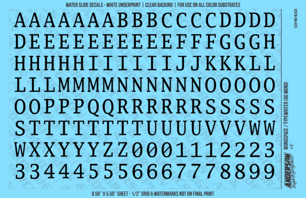 ASG Waterslide Decals - Monospace / Typewriter Lettering Numbers 1/2"