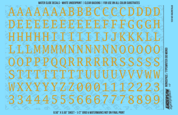 ASG Waterslide Decals - Monospace / Typewriter Lettering Numbers 1/2"