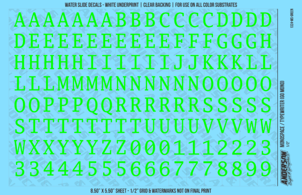 ASG Waterslide Decals - Monospace / Typewriter Lettering Numbers 1/2"