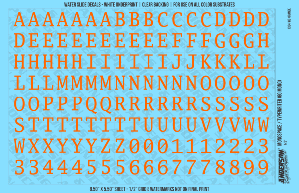 ASG Waterslide Decals - Monospace / Typewriter Lettering Numbers 1/2"