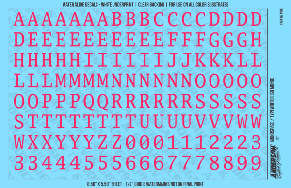 ASG Waterslide Decals - Monospace / Typewriter Lettering Numbers 1/2"
