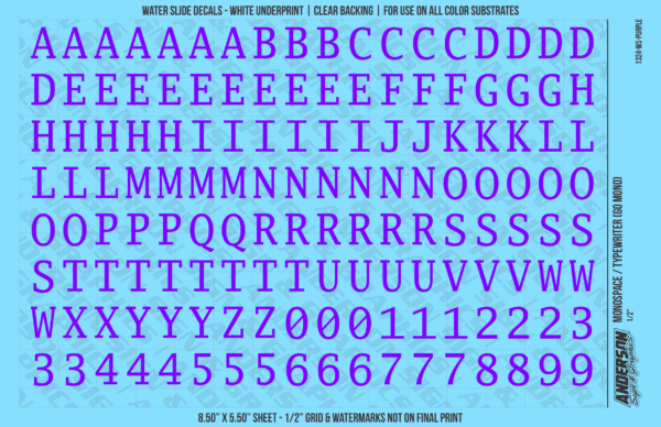 ASG Waterslide Decals - Monospace / Typewriter Lettering Numbers 1/2"