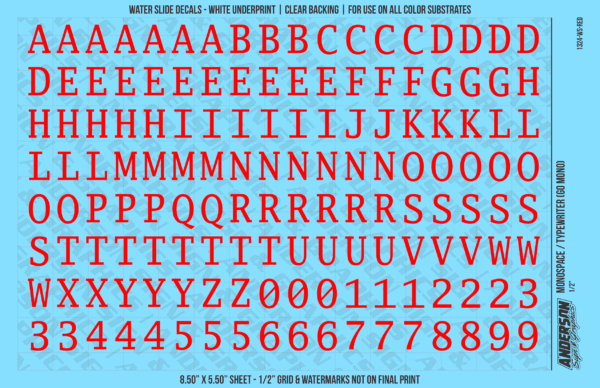 ASG Waterslide Decals - Monospace / Typewriter Lettering Numbers 1/2"