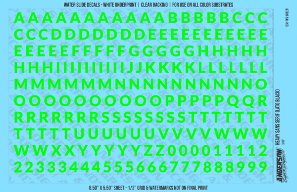 1331-WS-Green.png ASG Waterslide Decals - Heavy Sans Serif Lettering Numbers 3/8"