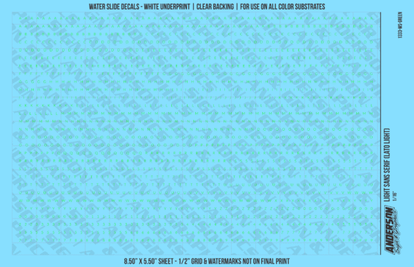 1333-WS-Green.png ASG Waterslide Decals - Light Sans Serif Lettering Numbers 1/16"