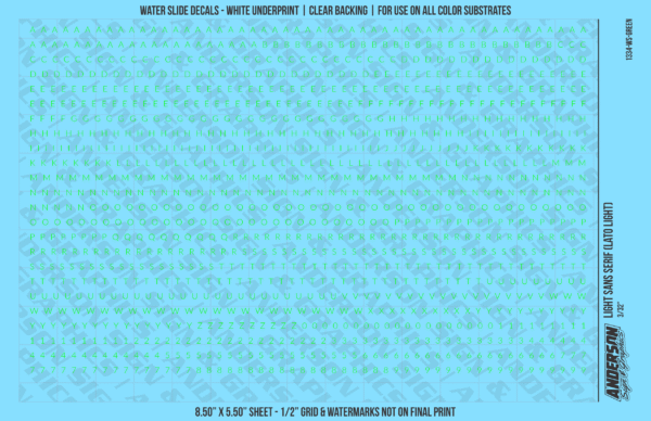 1334-WS-Green.png ASG Waterslide Decals - Light Sans Serif Lettering Numbers 3/32"