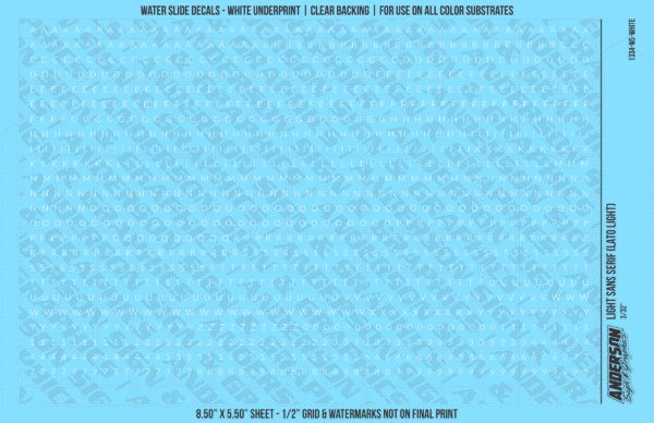 1334-WS-White.png ASG Waterslide Decals - Light Sans Serif Lettering Numbers 3/32"