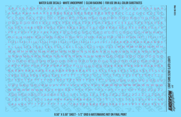 1335-WS-Pink.png ASG Waterslide Decals - Light Sans Serif Lettering Numbers 1/8"
