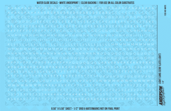 1335-WS-White.png ASG Waterslide Decals - Light Sans Serif Lettering Numbers 1/8"