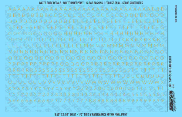 1336-WS-GoldMetallic.png ASG Waterslide Decals - Light Sans Serif Lettering Numbers 3/16"