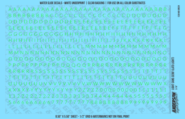 1336-WS-Green.png ASG Waterslide Decals - Light Sans Serif Lettering Numbers 3/16"