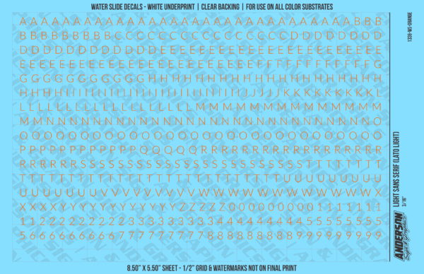 1336-WS-Orange.png ASG Waterslide Decals - Light Sans Serif Lettering Numbers 3/16"