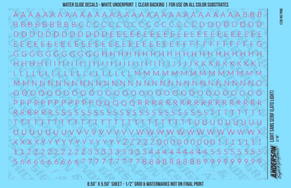 1336-WS-Pink.png ASG Waterslide Decals - Light Sans Serif Lettering Numbers 3/16"