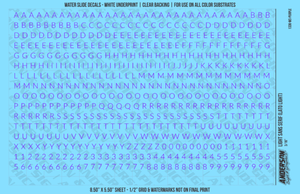 1336-WS-Purple.png ASG Waterslide Decals - Light Sans Serif Lettering Numbers 3/16"
