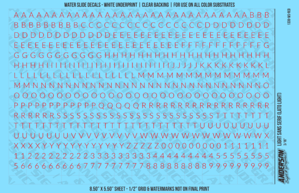 1336-WS-Red.png ASG Waterslide Decals - Light Sans Serif Lettering Numbers 3/16"
