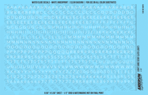 1336-WS-White.png ASG Waterslide Decals - Light Sans Serif Lettering Numbers 3/16"