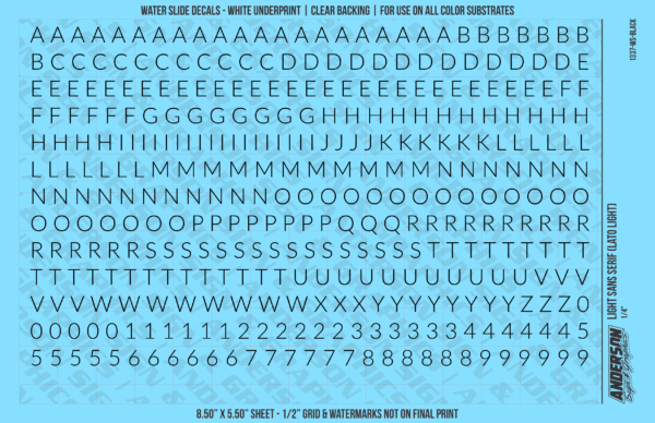 1337-WS-Black.png ASG Waterslide Decals - Light Sans Serif Lettering Numbers 1/4"