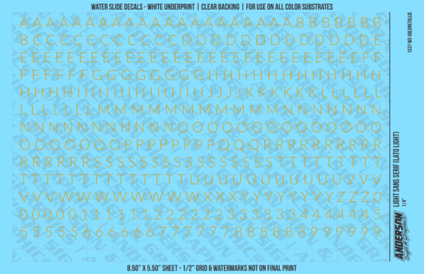 1337-WS-GoldMetallic.png ASG Waterslide Decals - Light Sans Serif Lettering Numbers 1/4"