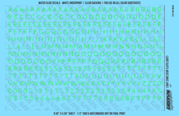 1337-WS-Green.png ASG Waterslide Decals - Light Sans Serif Lettering Numbers 1/4"