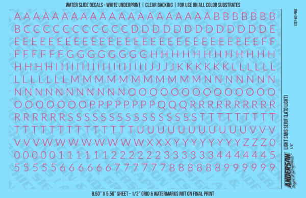 1337-WS-Pink.png ASG Waterslide Decals - Light Sans Serif Lettering Numbers 1/4"