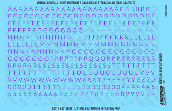 1337-WS-Purple.png ASG Waterslide Decals - Light Sans Serif Lettering Numbers 1/4"