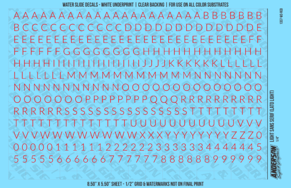 1337-WS-Red.png ASG Waterslide Decals - Light Sans Serif Lettering Numbers 1/4"