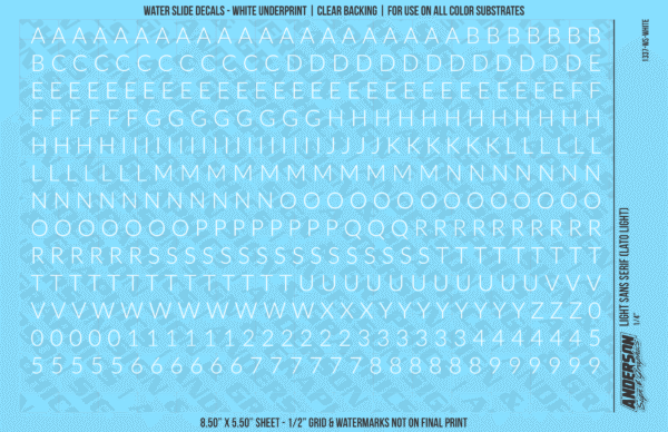 1337-WS-White.png ASG Waterslide Decals - Light Sans Serif Lettering Numbers 1/4"