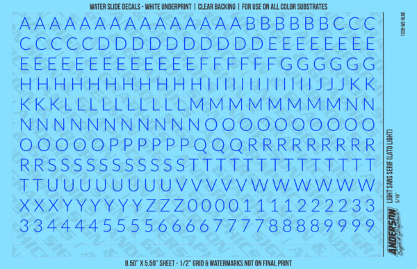 1338-WS-Blue.png ASG Waterslide Decals - Light Sans Serif Lettering Numbers 5/16"