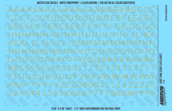 1338-WS-GoldMetallic.png ASG Waterslide Decals - Light Sans Serif Lettering Numbers 5/16"