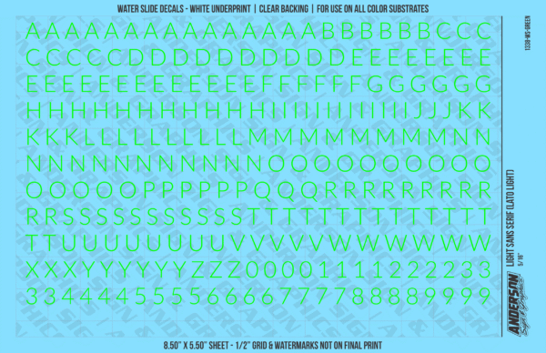 1338-WS-Green.png ASG Waterslide Decals - Light Sans Serif Lettering Numbers 5/16"