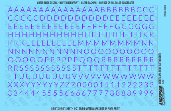 1338-WS-Purple.png ASG Waterslide Decals - Light Sans Serif Lettering Numbers 5/16"