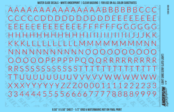 1338-WS-Red.png ASG Waterslide Decals - Light Sans Serif Lettering Numbers 5/16"