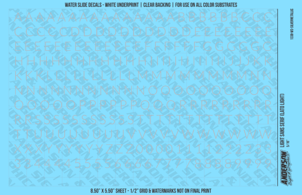 1338-WS-SilverMetallic.png ASG Waterslide Decals - Light Sans Serif Lettering Numbers 5/16"