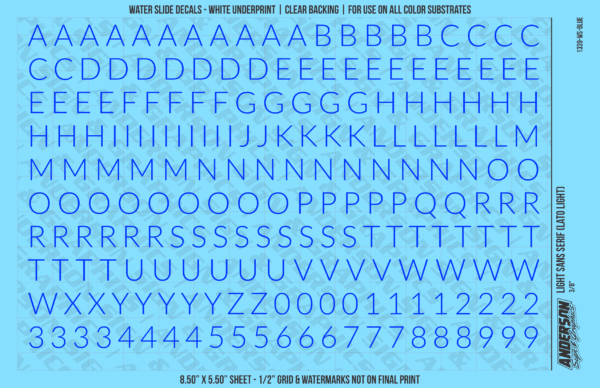 1339-WS-Blue.png ASG Waterslide Decals - Light Sans Serif Lettering Numbers 3/8"