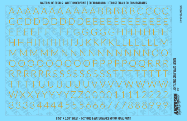 1339-WS-GoldMetallic.png ASG Waterslide Decals - Light Sans Serif Lettering Numbers 3/8"