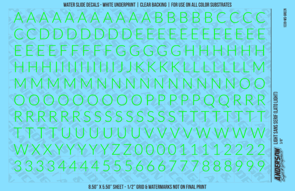 1339-WS-Green.png ASG Waterslide Decals - Light Sans Serif Lettering Numbers 3/8"