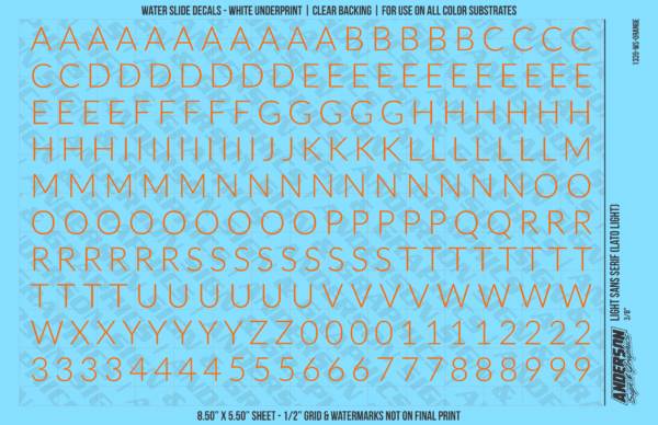 1339-WS-Orange.png ASG Waterslide Decals - Light Sans Serif Lettering Numbers 3/8"