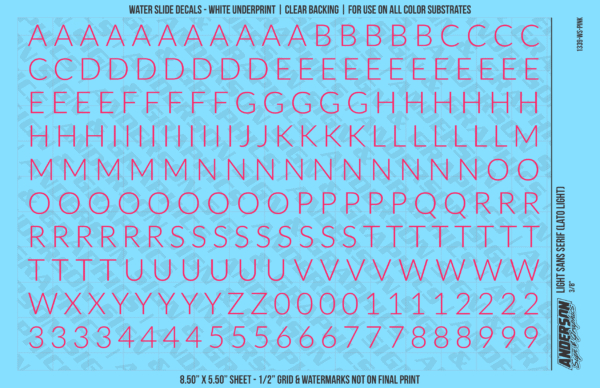 1339-WS-Pink.png ASG Waterslide Decals - Light Sans Serif Lettering Numbers 3/8"