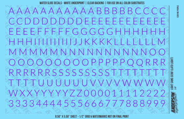 1339-WS-Purple.png ASG Waterslide Decals - Light Sans Serif Lettering Numbers 3/8"