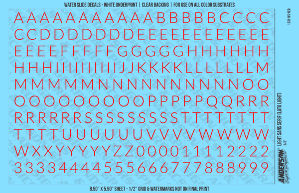 1339-WS-Red.png ASG Waterslide Decals - Light Sans Serif Lettering Numbers 3/8"