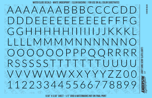 1340-WS-Black.png ASG Waterslide Decals - Light Sans Serif Lettering Numbers 1/2"