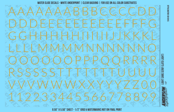 1340-WS-GoldMetallic.png ASG Waterslide Decals - Light Sans Serif Lettering Numbers 1/2"