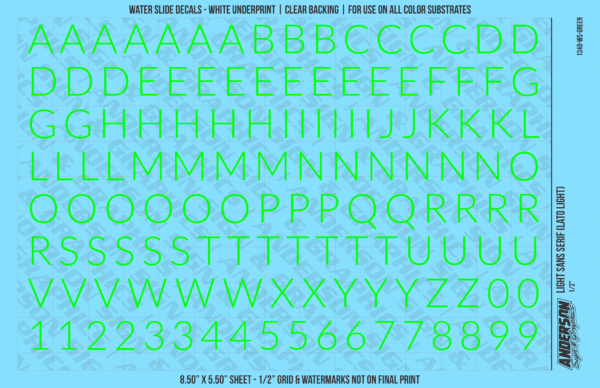 1340-WS-Green.png ASG Waterslide Decals - Light Sans Serif Lettering Numbers 1/2"
