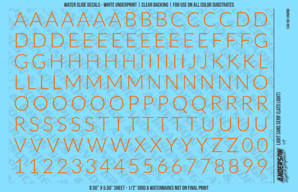 1340-WS-Orange.png ASG Waterslide Decals - Light Sans Serif Lettering Numbers 1/2"