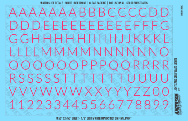 1340-WS-Pink.png ASG Waterslide Decals - Light Sans Serif Lettering Numbers 1/2"