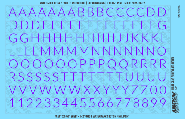 1340-WS-Purple.png ASG Waterslide Decals - Light Sans Serif Lettering Numbers 1/2"