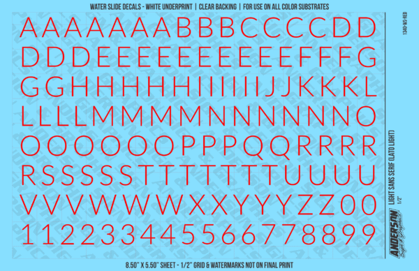 1340-WS-Red.png ASG Waterslide Decals - Light Sans Serif Lettering Numbers 1/2"
