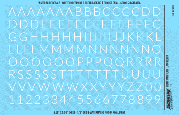 1340-WS-White.png ASG Waterslide Decals - Light Sans Serif Lettering Numbers 1/2"