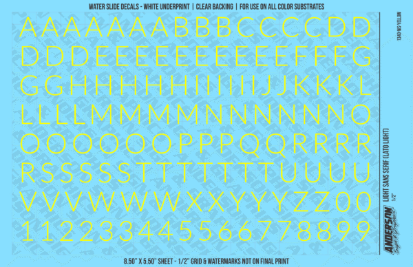 1340-WS-Yellow.png ASG Waterslide Decals - Light Sans Serif Lettering Numbers 1/2"